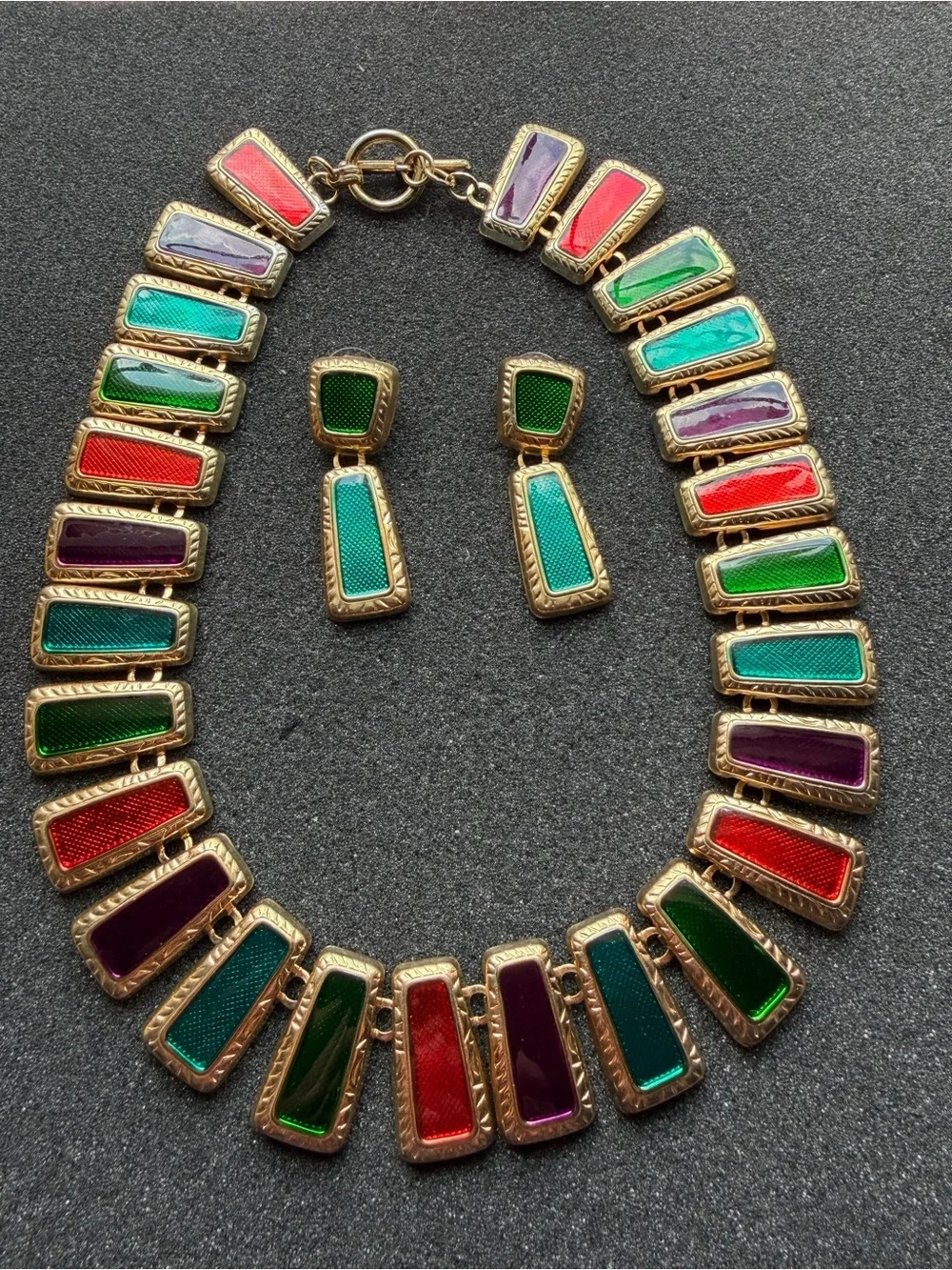 Vintage Gold-Tone Multicolor Enamel Link Necklace And Earrings Set